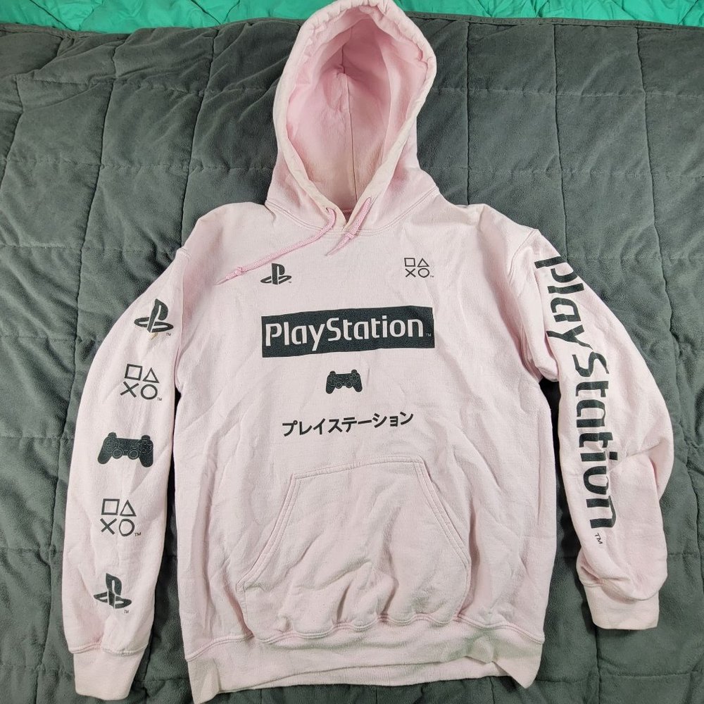 Playstation Unisex Medium Pink Hoodie Pullover All Over Logo Gaming Casual